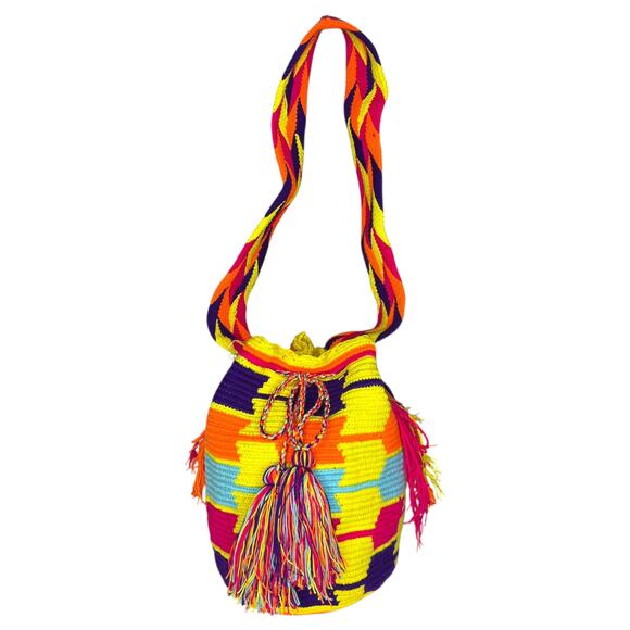 Colombian Handmade Mochila Small Wayuu Bag Vibrant Yellow with Tassels - Picture 1 of 12